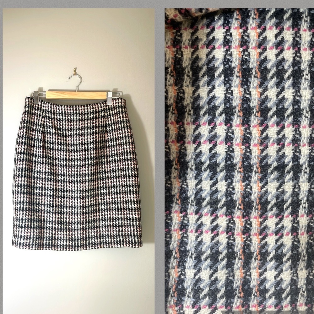 VTG 90s Simon Chang Designer 100% Wool Houndstooth Knee Length Skirt M/L